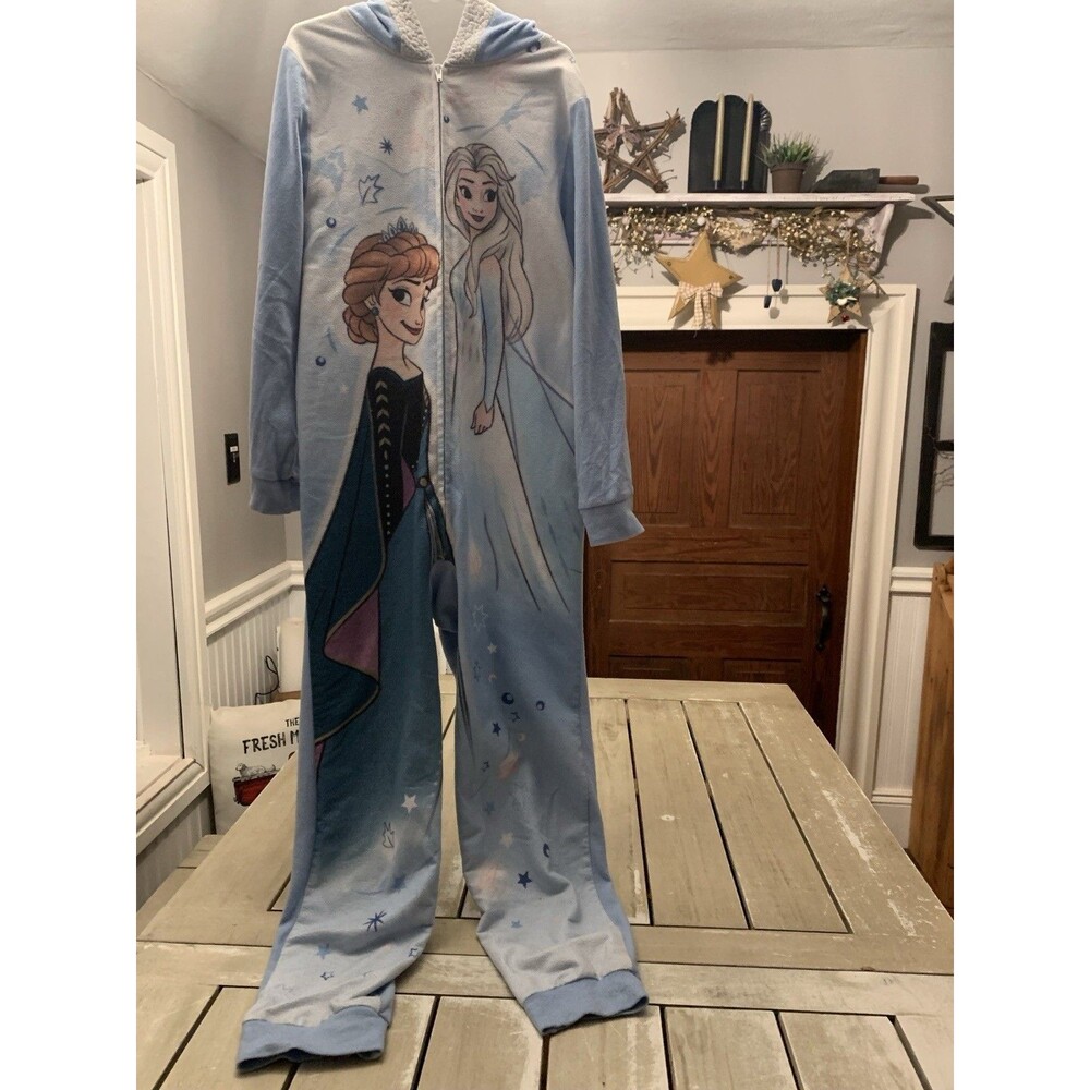 Disney Frozen II Girls Hooded Fleece Zip One-Piece Pajama Elsa Anna Blue 10